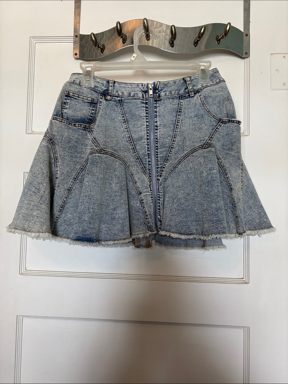 AKIRA Light Blue Acid Wash Denim Zip-Front Flared Mini Skirt Size M